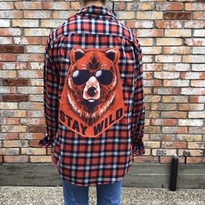 Upcycled Stay Wild Bear T Shirt Flannel Orang Navy Blue White Medium